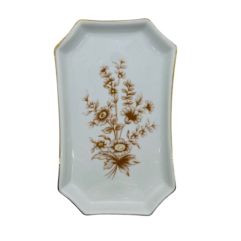 VTG Hollohaza Porcelain Trinket Tray with Brown Flowers & Gold‎ Rim Hungary 4834